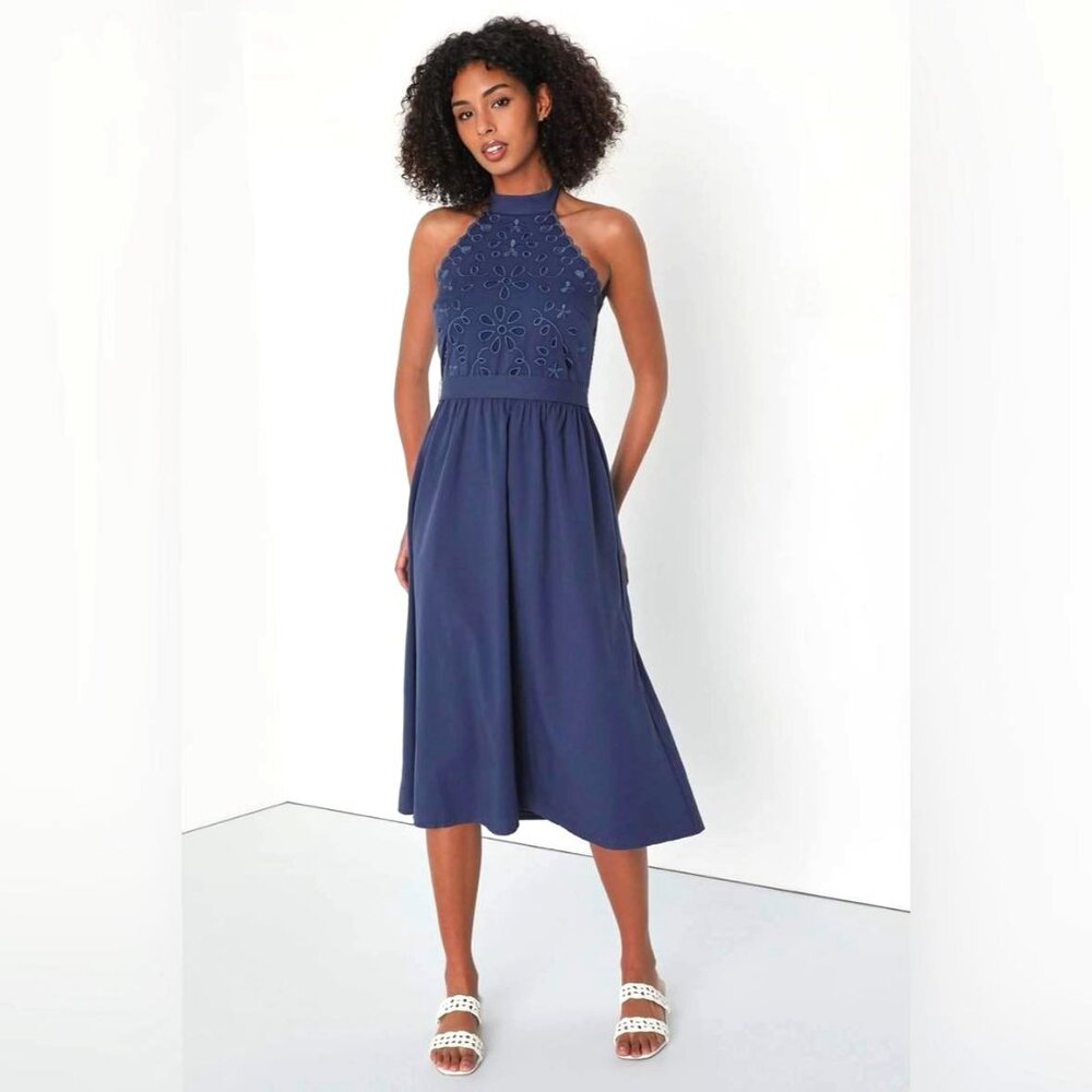 Lulu's Sayulita Scene Navy Blue Embroidered Halter Midi Dress eyelet bodice SZ S